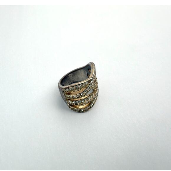 Wide Pavé Rhinestone Criss Cross Statement Ring Two Tone - Picture 3 of 7